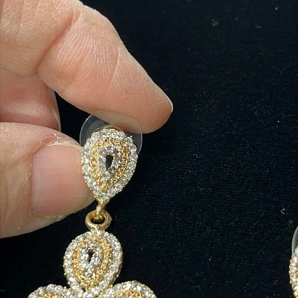 RHINESTONE/GOLD EVENING 3" Drop Glamour Party Wedding Pierced Cocktail Earrings - Picture 8 of 11